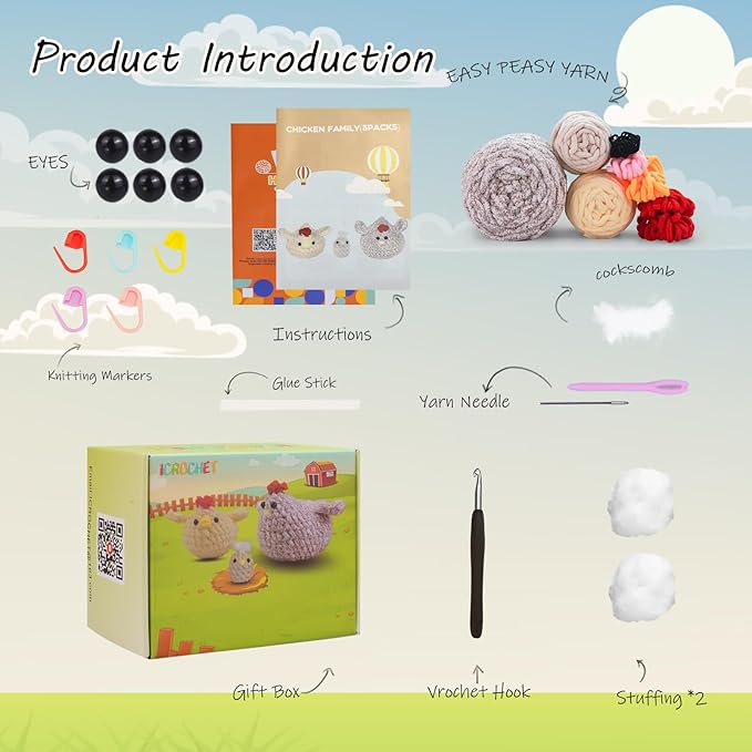 Crochet Kit for Beginners,Chicken Crochet Starter Kit with Step-by-Step Video Tutorials,Crochet Animal Kits for Adults Kids,Chicken Crocheting Set Complete Included