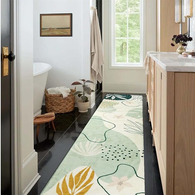 Lahome Green Runner Rugs for Hallway 2x10, Extra Long Washable Non-Slip Kitchen Rug Lightweight Stair Carpet Runner, Boho Botanical Print Soft Entrance Bath Laundry Living Room 2' x 10'