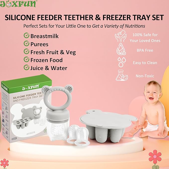 JEXFUN Baby Fruit Food Feeder & Mini Freezer Nibble Tray Combo, Breastmilk Popsicle Molds for Baby Cooling Relief, BPA Free Silicone Feeder for Safe Infant Self Feeding, 4 Month+ (Light Grey)