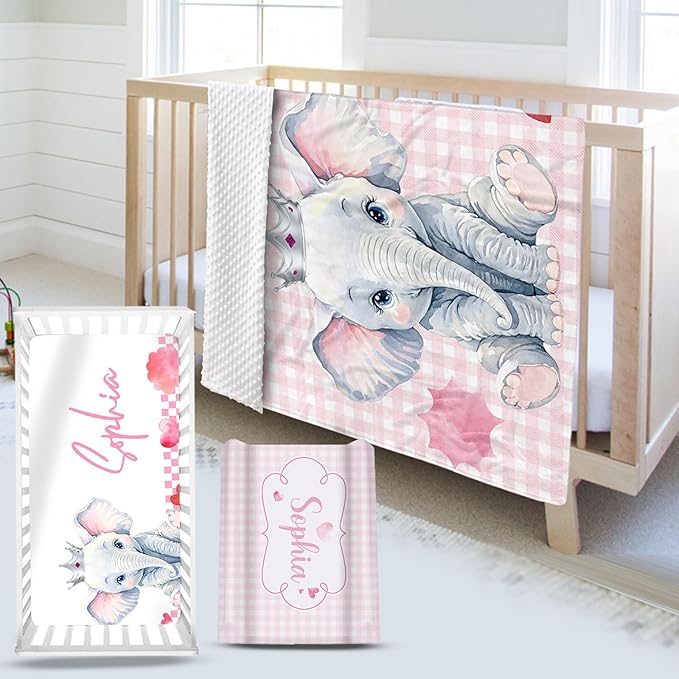 Custom Name Crib Bedding Set - Elephant Theme, Personalized Pink Checkered Nursery Bedding 3-Piece Set– Soft Blanket, Fitted Sheet, Changing Pad Cover – for Newborns Girls Nursery Gifts