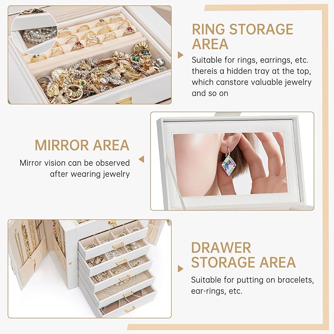 AKOZLIN 6-Tier Jewelry Box Organizer Functional 5 Drawers Leather Jewelry Storage Case for Women Girls Ring Necklace Earring Bracelet Holder Organizer with Mirror White