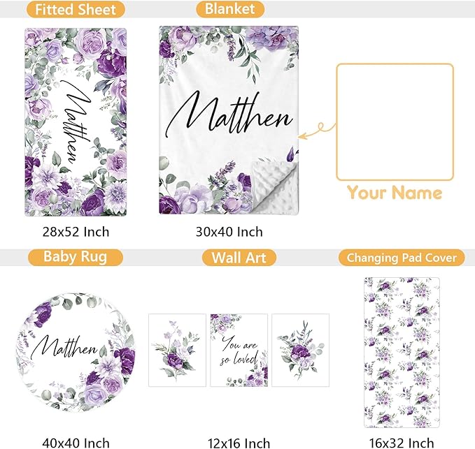 Personalized Baby Bedding Set - 5 Pcs Custom Toddlers Bedding Set with Infant Name - Soft Double Layer Nursery Crib Set for Girls Boys - Customized Infant Gifts for Baby Shower - Purple Flowers