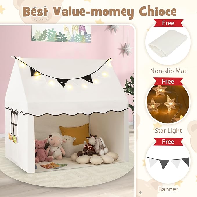 INFANS Kids Play Tent with Washable Mat Star Light Windows, Anti-Trip Large Playhouse Toys for Children Boys Girls, Indoor Outdoor Princess Tents Castle for Toddlers (Black- Wide Door)