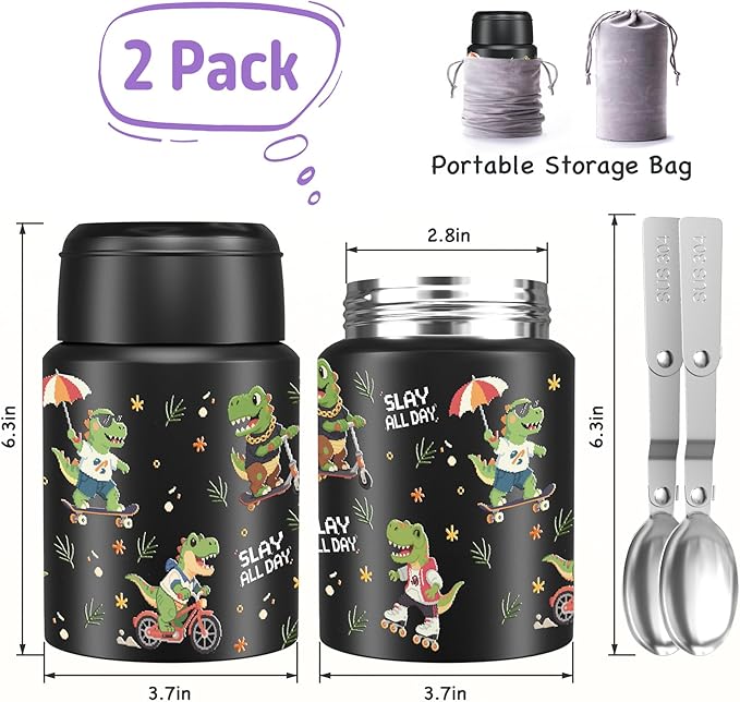 2-Pack Stainless Steel Vacuum Insulated Food Jar with Spoon, Soup Thermo Hot & Cold for Kids & Adults, Leakproof Insulated Lunch Containers with Carry Bag, 17oz.(Black-Dinosaur)