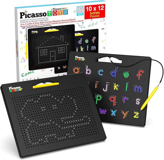 PicassoTiles 2-in-1 Magnetic Drawing Board Toy 12x10 inch Large Magnet Bead Tablet Pad with 2 Facings Alphabet STEM Free Style Educational Erasable & Reusable Learning Writing Playboard in Black PTB04