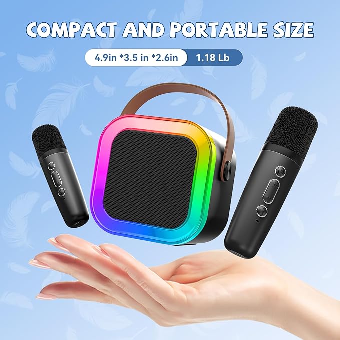 【2025 Newest】 Mini Karaoke Machine for Kids Girls & Boys - Portable Bluetooth Speaker with 2 Wireless Microphones - Kids Birthday Gifts for Ages 4-10 - Kids' Instrument Accessories - Black