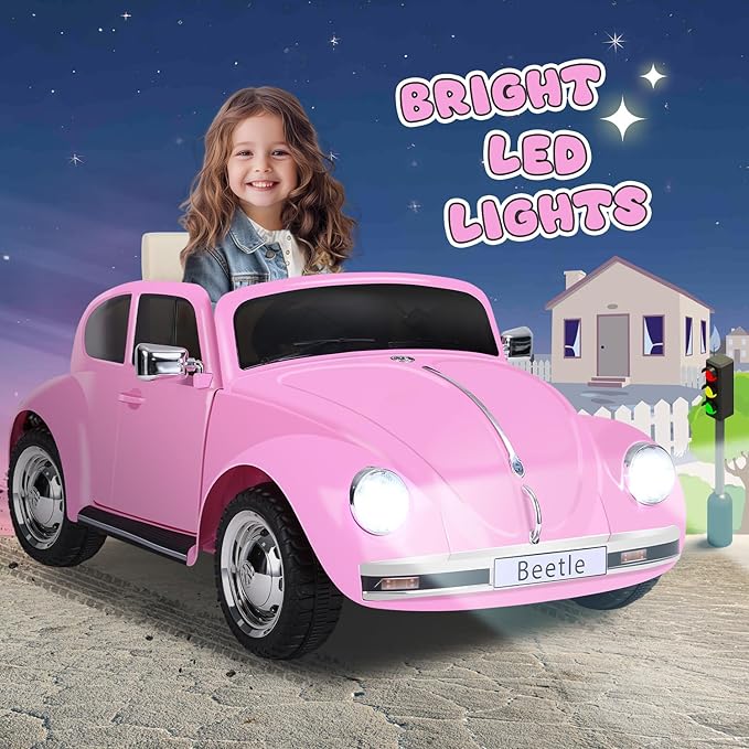 12V Kids Electric Car, Power Wheels with Remote Control, Ride on Car Toys with LED Light, 3 Speeds, Music, Pink