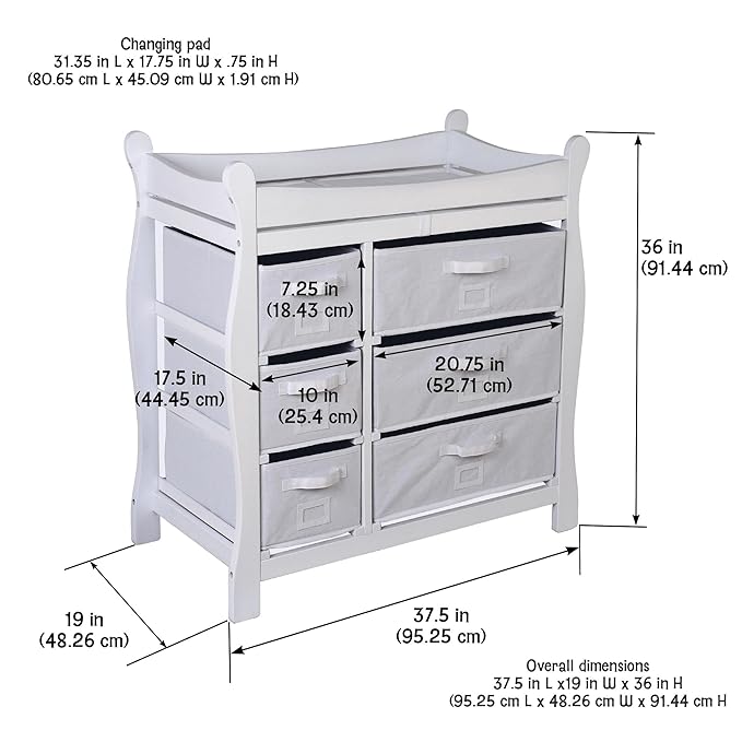 Badger Basket Sleigh Baby Changing Table with 6 Storage Drawers, Cushioned Changing Pad, Nursery Organizer, Sturdy White Wood Furniture for Infant Care