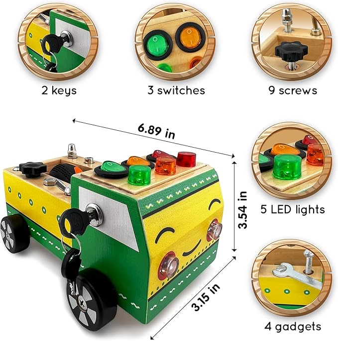 Toddler Montessori Busy Board - Wooden Educational Toy with Lights, Switches, Relay, Key, Bulbs, Sensory Board on Wheels - Preschool Motor Skills Learning Activities - Christmas & Birthday Gift