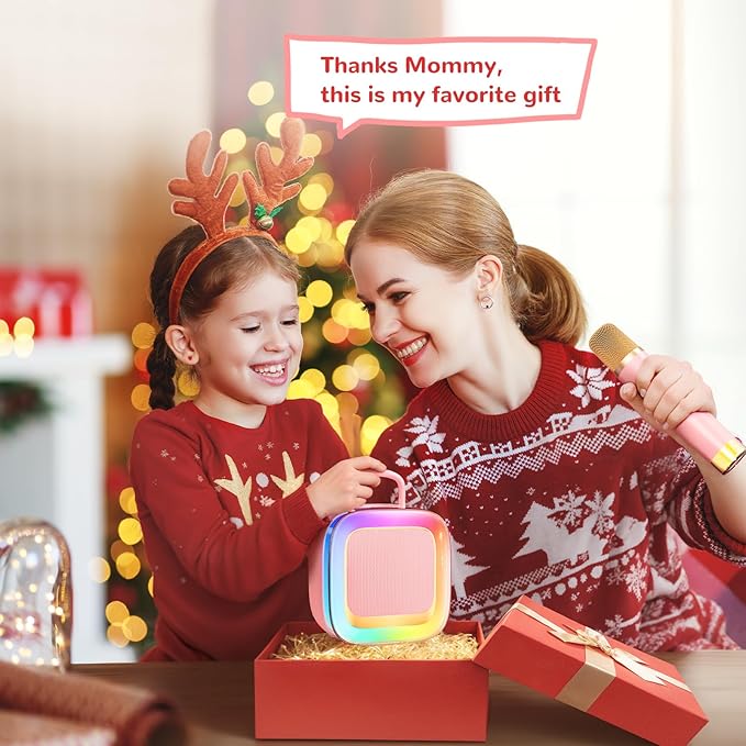 Kinglucky Karaoke Machine for Kids Girls Ages 3-12 with 2 Light-Up Microphones, Bigger Size Yet Portable Bluetooth Speaker with Voice Effects for Birthday, Family Fun & Party (Pink)