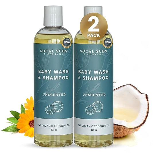 SoCal Suds & Company Baby Shampoo & Body Wash, 2-in-1 Organic Gel - Gentle Castile Soap with Vitamin-Infused Oils & Botanicals - Natural Care for Sensitive Skin Hypoallergenic -12oz Fragrance Free 2Pk