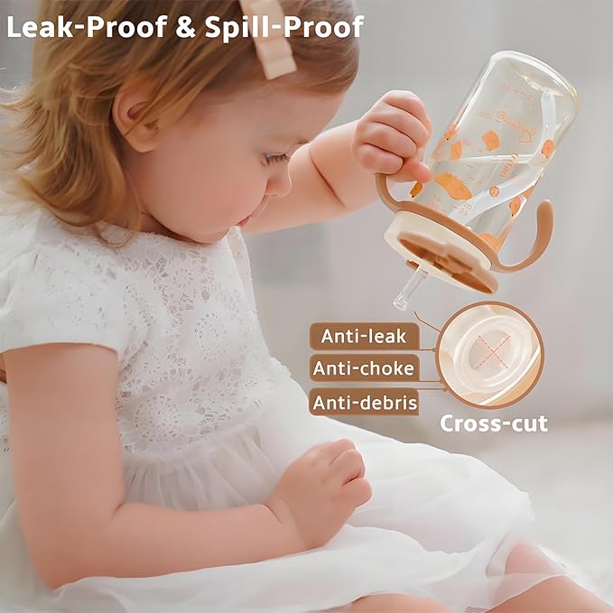 Evorie Tritan Spill Proof Toddler Straw Sippy Cup, 10 oz for Baby and Toddlers 1-3 Years Old, No Spill Straw Water Bottle with Removable Handles, Ideal for School, BPA-Free, Pink Rabbit