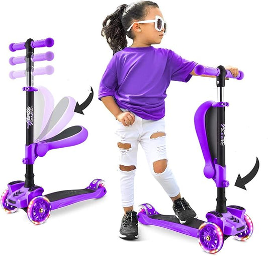 Hurtle 3-Wheeled Scooter for Kids - Wheel LED Lights, Adjustable Lean-to-Steer Handlebar, and Foldable Seat - Sit or Stand Ride with Brake for Boys and Girls Ages 1-14 Years Old