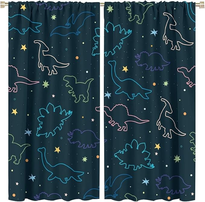 Cartoon Colorful Dinosaur Curtains for Kids Boys Girls Home Decor, Astronaut Funny Outer Space Star Blackout Rod Pocket Window Drapes for Bedroom Living Room W31.5xL63in 2 Panels
