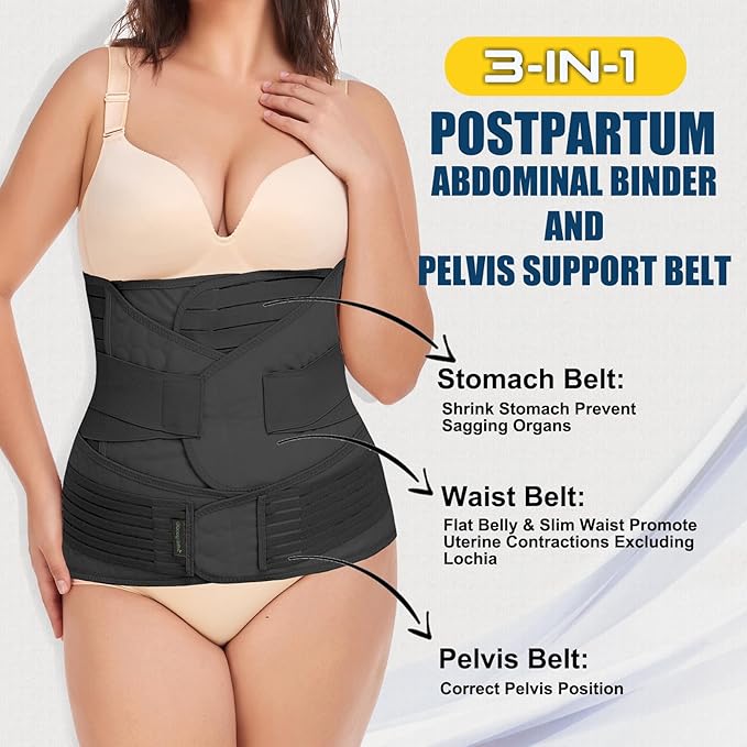 ChongErfei 3 in 1 Postpartum Belly Wrap - Recovery Belly/Waist/Pelvis Belt Black Postpartum Belly Band, Black XL