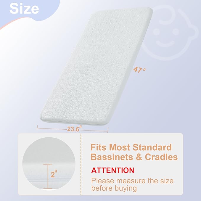 NeoBorn Baby Bassinet Mattress Pad, 47" x 23.6" Dual Sided Comfort Gel Memory Foam Mattress with Removable Soft Tencel Cover Fit for ADOVEL/BabyBond/ANGELBLISS/ELEMARA Bassinet Bedside Crib