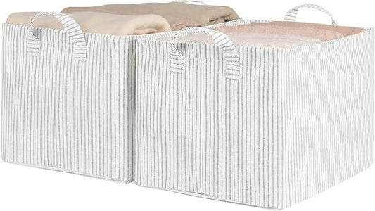 StorageWorks Storage Bins, Fabric Storage Bins for Shelves, Large Storage Baskets with Metal Frame, Closet Baskets and Bins with Handles, Gray and White Stripes, 2-Pack