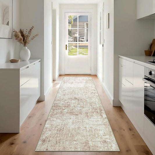 Runner Rug for Hallways Kitchen 2'6"x8' Washable, Non Slip Carpet 8ft Area Rugs Entryway Rubber Backed 8 Feet Neutral Abstract Modern Low Pile Indoor Beige