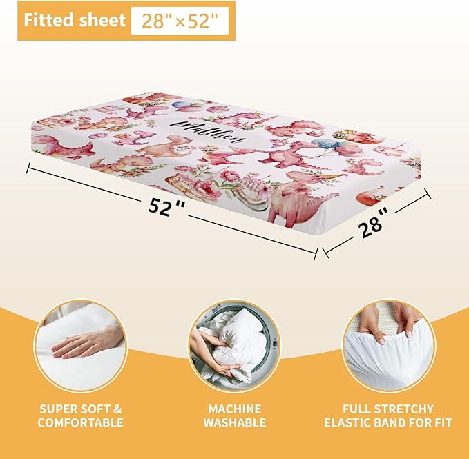 Custom Baby Crib Bedding Set - 5 Pcs Personalized Name Pink Dinosaurs Crib Set for Infants Toddlers Girls - Soft Double Layer Nursery Bedding Set - Customized Present for Birthday Baby Shower