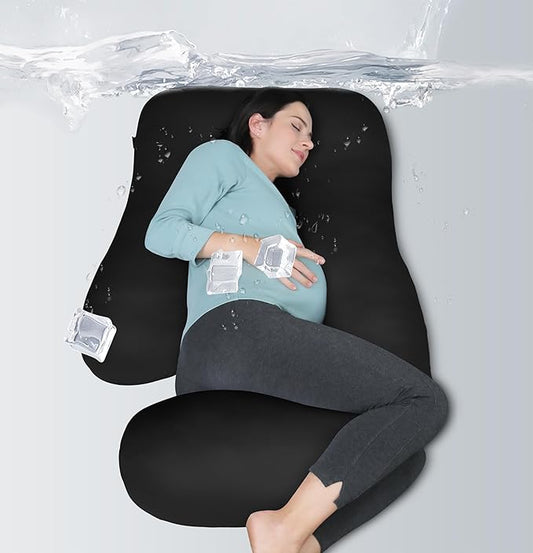 MOON PARK Pregnancy Pillows for Sleeping - U Shaped Full Body Maternity Pillow with Removable Cover - Support for Back, Legs, Belly, HIPS - 57 Inch - Black - Cooling Cover