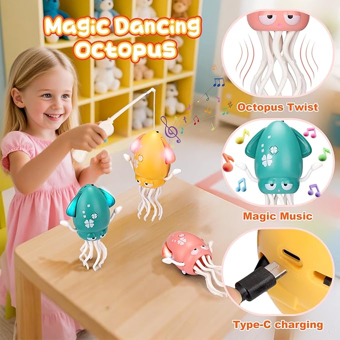 Magic Electric Dancing Octopus Toy with Led Light and Music,Playful Automatic Evasion Crawling Dancing Octopus with Fishing Rod,Smart Tentacle Explorer Dancing Squid Toy Tummy Time Baby Toys,Pink
