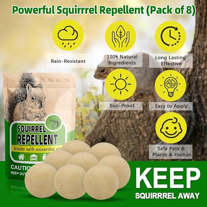 Squirrel Repellent Outdoor, Chipmunk Repellent for Attic/Garden/Bird Feeders/Plants/Cars, Deterrent Squirrels, Keep Chipmunks Away-Pack of 8