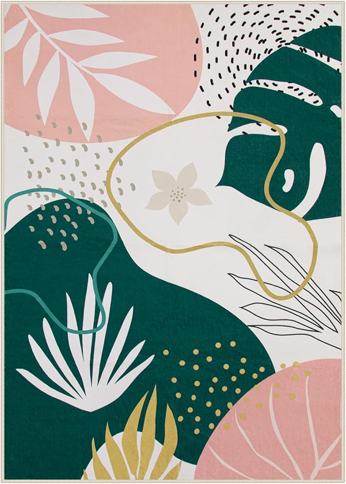 Lahome Washable 8x10 Rug - Non-Slip Living Room Rugs 8x10 Ultra-Thin Large Soft Bedroom Rugs, Boho Botanical Print Indoor Stain Resistant Floor Rug for Dining Room Table Office (8'x10',Green/Pink)