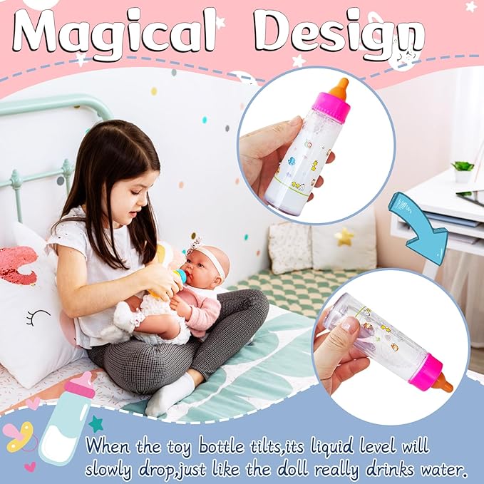 12 Pcs Baby Doll Accessories Magic Bottle set,Pretend Play Feeding Toy Set with Package,Doll Feeding Set for Kids Girls,Magic Disappearing Juice Milk Bottles,Sippy Cups,Pacifiers,Bowl Spoons