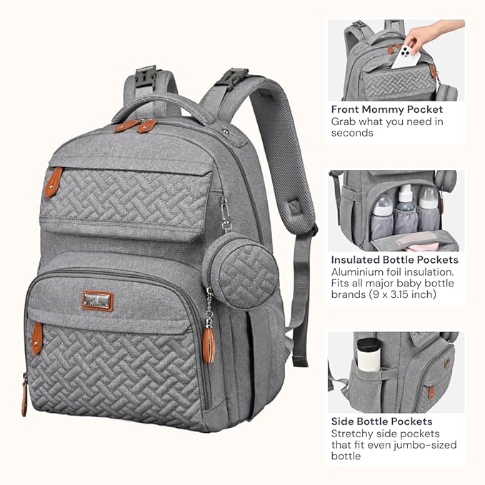 BabbleRoo Diaper Bag Backpack, Travel Backpack with Changing Pad, Pacifier Case & Stroller Straps, Multifunction, Waterproof, Unisex – Light Gray