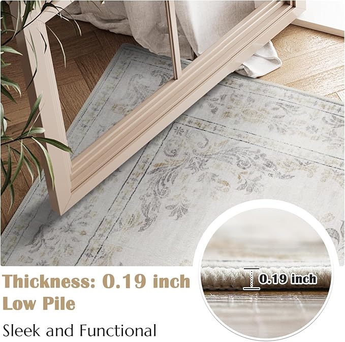 jinchan Floral 2x3 Rug for Entryway - Vintage Washable Area Rug Ultra-Thin Low Pile Soft Small Non Slip Distressed Indoor Door mat Accent for Entrance Kitchen Bedroom Bathroom (2x3ft,Light Grey)