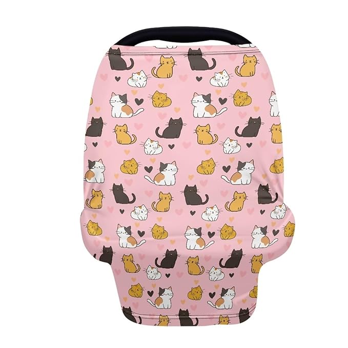 Binienty Baby Car Seat Covers - Cartoon Kitten Infant Carseat Canopy Multi-use Stretch Nursing Cover for Breastfeeding