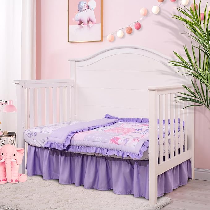 Cloele Crib Bedding Set for Girls, 3 Pieces Floral Butterfly Baby Bedding Set -Includes Comforter Fitted Sheet Crib Skirt,Standard Size Nursery Baby Crib Set for Girls,Purple