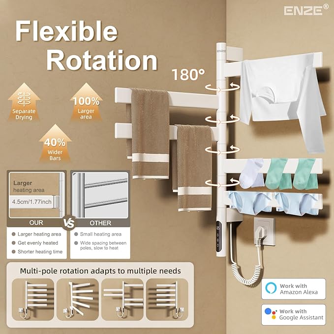 ENZE Smart Rotating Heated Towel Rack for Bathroom, Wall-Mounted Electric Towel Dryer with Swivel Bars, Smart Timer, Low Carbon Steel, IPX5, Plug-in/Hardwired, Towel Warmer with Wi-Fi App Control