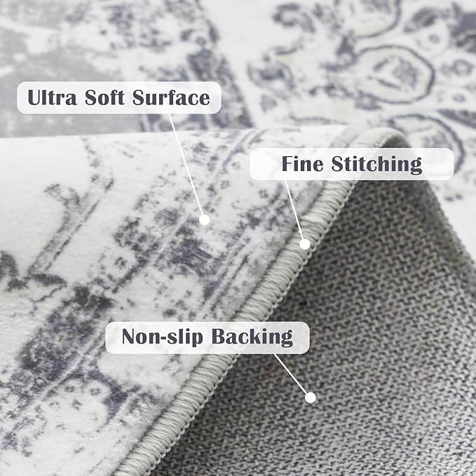 jinchan Round Rug 4ft Area Rug - Indoor Vintage Hallway Circle 4' Washable - Ultra-Thin Low Pile Soft Small Non Slip Distressed Floral Print for Living Room Dining Room Bedroom Entryway Grey