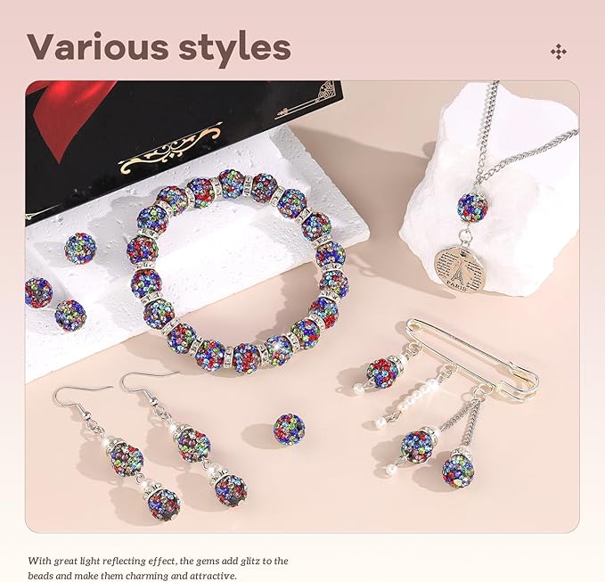 200pcs 10mm Rhinestone Beads for Jewelry Making, Black Mixed Shiny Round Disco Ball Beads Bulk, Sparkle Crystal Clay Christmas for Bracelet Baseball Necklace Earring Crafting and DIY