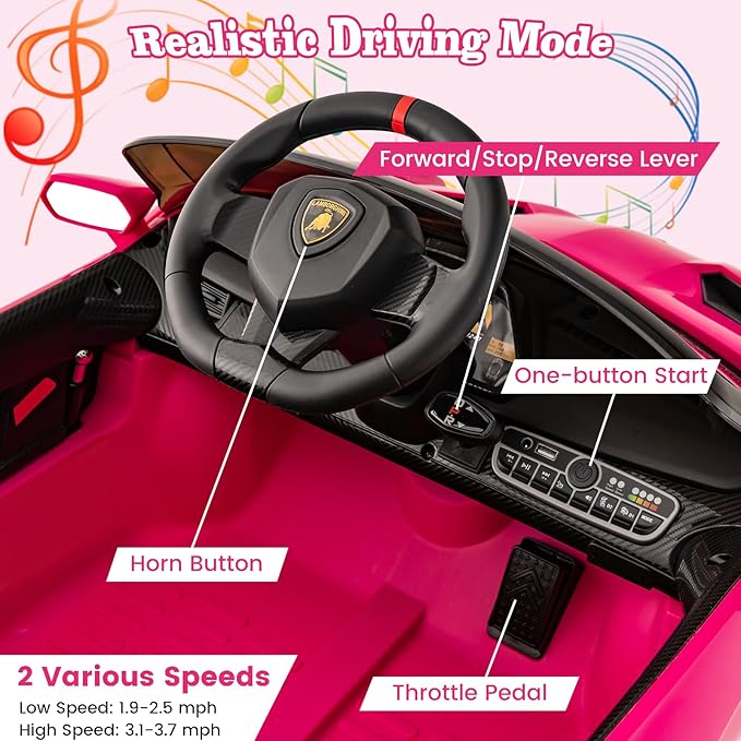 Costzon Pink Lamborghini Ride on Car, 12V Battery Powered 4WD Lambo Kids Car with Remote Control, 3 Speeds, Dual Doors, LED Lights, Horn, Music, Licensed Electric Vehicle for Toddlers Girls Kids Gift