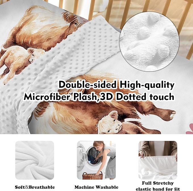 Personalized Baby Crib Bedding Set for Baby Girls, Pink Highland Cow Pattern Custom Name Baby Crib Sets 5-Pcs, Toddler Double Layer Blanket Fitted Sheets Changing Pad Cover Rug Wall Art Set