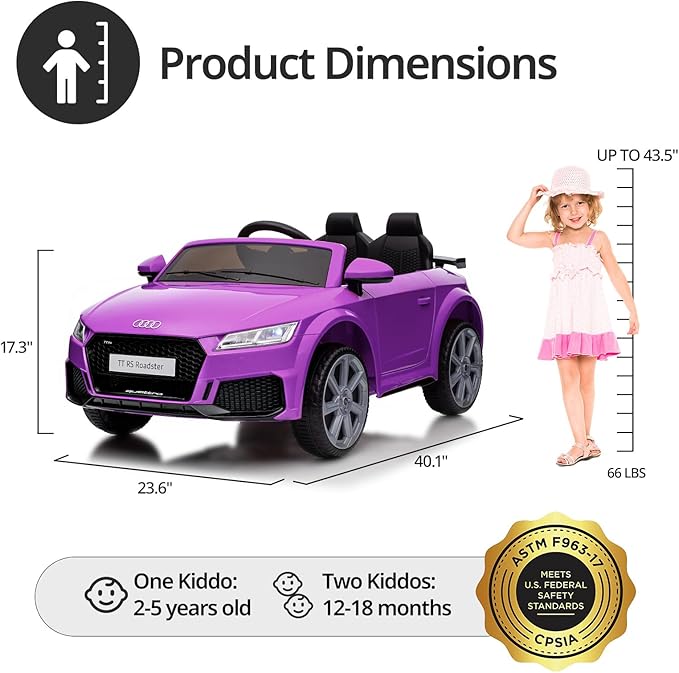 Electric Ride on Car for Kids, Licensed Audi 12V 7Ah Kids Ride-on Toy for Toddlers Girls with Remote, Bluetooth - Purple