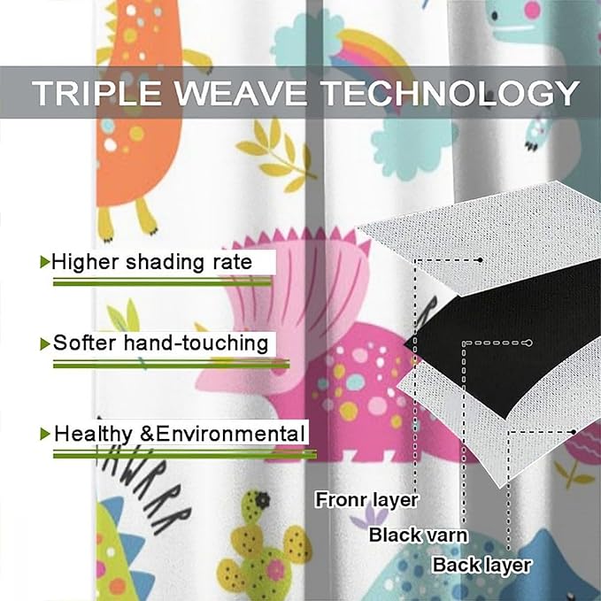 Cartoon Dinosaur Curtains for Kids Boys Girls Home Decor Childish Cute Dino Animals Print Pattern Rod Pocket Blackout Window Drapes for Nursery Baby Bedroom Playroom W27.5xL63in 2 Panels