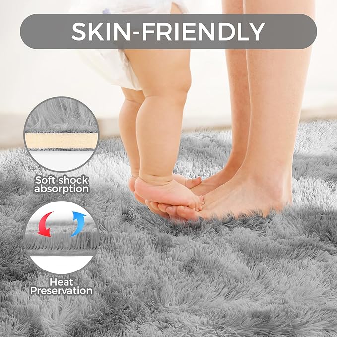 Ultra Soft Rug for Living Room, 3X5 Fluffy Shag Area Rug for Bedroom, Modern Shaggy Carpets Fuzzy Rug for Teens Dorm Nursery Home Decor Aesthetic, Upgrade Anti-Skid Durable, Tie-Dyed Light Grey