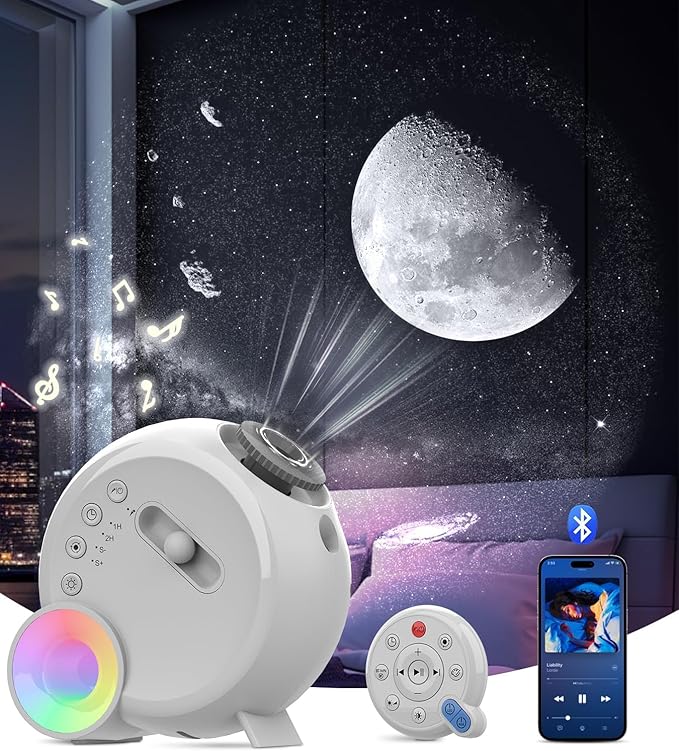 Galaxy Projector for Bedroom,4K Image Planetarium Projector Adjustable Knob,13 in 1 Kids Night Light Projector with Built-in Bluetooth Speaker & White Noise,360° Rotating with Remote Timer (White)
