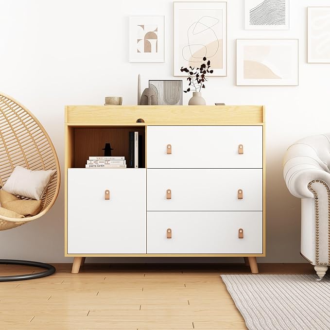 Baby Dresser Changing Table with Drawers,Shelf,Hidden Laundry Basket Storage,2 in 1 Nursery Dresser Chest for Infants, Baby Diaper Changing Station for Daycare,Bedroom,Natural