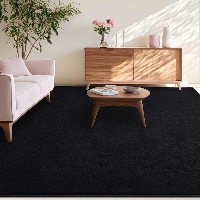 Kimicole 7x10 Washable Area Rugs for Living Room Bedroom, Large Low Pile Ulta-Thin Solid Color Rug, Non-Slip Soft Fluffy Carpet for Nursery Kids Room Dorm Room Home Decor (Black)