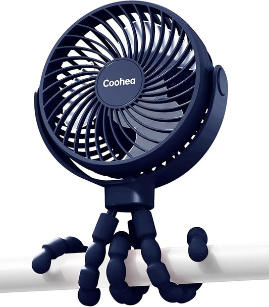 Stroller Fan Clip on for Baby, 4000mAh Rechargeable Battery Operated, Flexible Tripod, 3 Wind Speed, 360° Rotatable, Small Cooling Portable Fan for Car Seat Crib Golf Cart Treadmill, Navy Blue