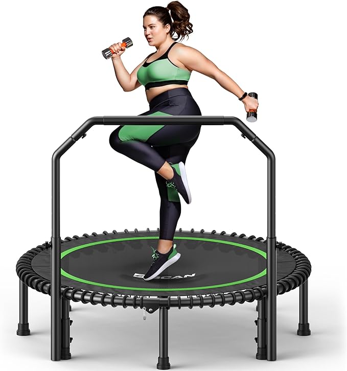 BCAN 40"/48" Mini Rebounder Trampoline for Adults with Bar, 450/550LBS Fitness Trampoline with Bungees, Adjustable Handle, Stable & Quiet, Indoor Outdoor, Whole-Body Workout & Relaxation at Home