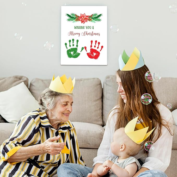 SHLINCO Handprint Keepsake DIY Kit, Baby's First Christmas Keepsake, Winter Decoration, Family Footprint Art for Kids, 7.8x9.8 Inch Canvas, Suitable For Desktop Wall Ornaments