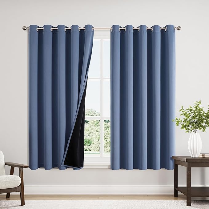 ChrisDowa 100% Blackout Curtains 63 inch Long for Bedroom with Black Liner, Extra Wide 2 Thick Layers Total Blackout Thermal Insulated Grommet Window Curtains 2 Panels Set (Stone Blue, 60 x 63 Inch)