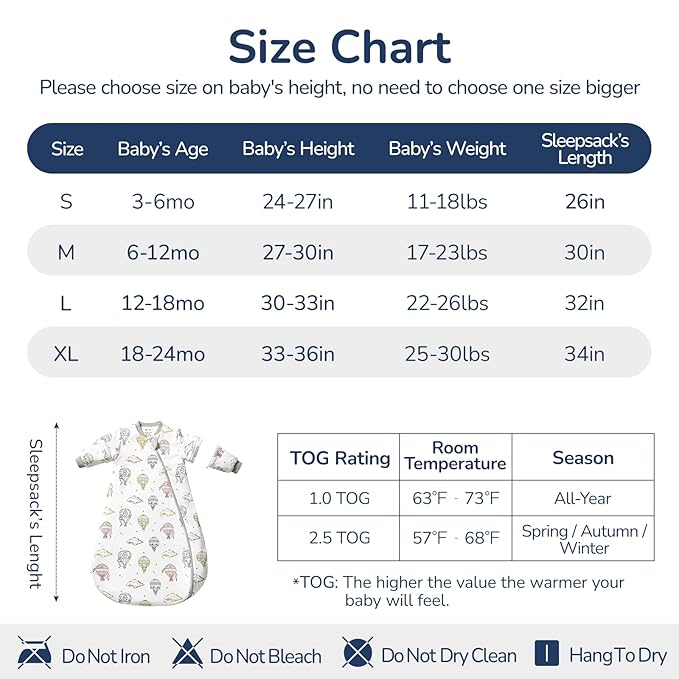 Baby Sleep Sack 18-24 Months, Cotton Detachable Long Sleeve Sleep Sack, 1.0 Tog Toddler Sleeping Sack with Temperature Strips, 2-Way Zipper Wearable Blankets for Newborns, Hot Air Balloon