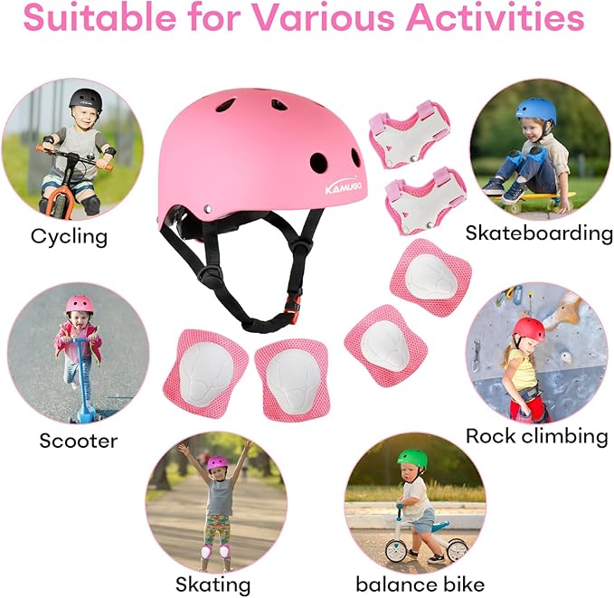 KAMUGO Kids Bike Helmet, Toddler Helmet for Ages 2-8 Boys Girls with Sports Protective Gear Set Knee Elbow Wrist Pads for Skateboard Cycling Scooter Rollerblading