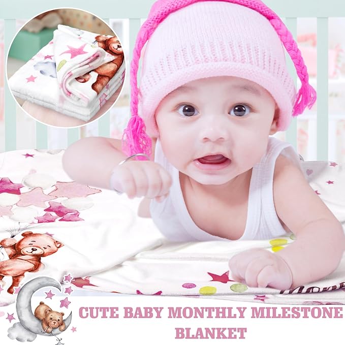 Sleeping Bear Monthly Baby Milestone Blanket Bear Star Balloon Flannel Blanket Boy Newborn Infant Swaddle Growth Chart Baby with Frame for Boys Girls Nursery (Pink)